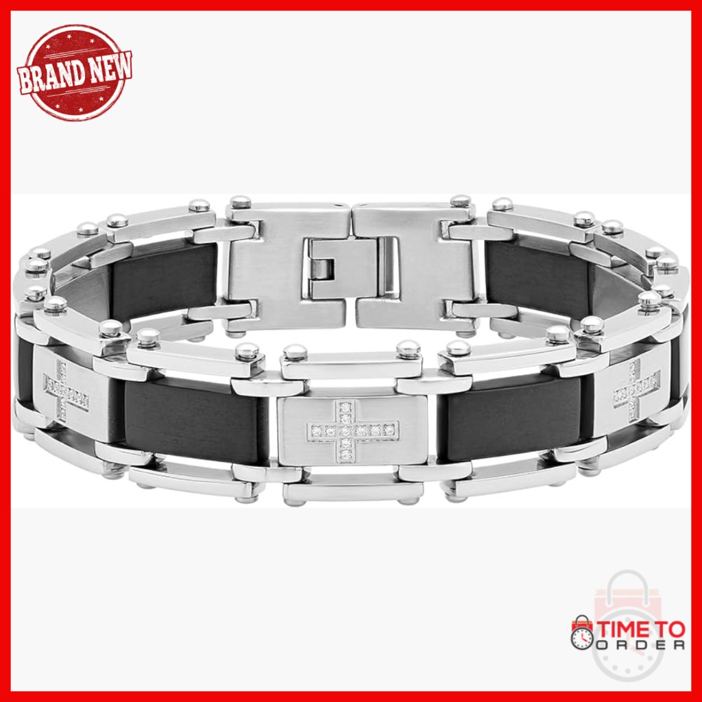Stainless Steel Link Bracelet With Cz Cross, 8.5 Inches, Hypoallergenic